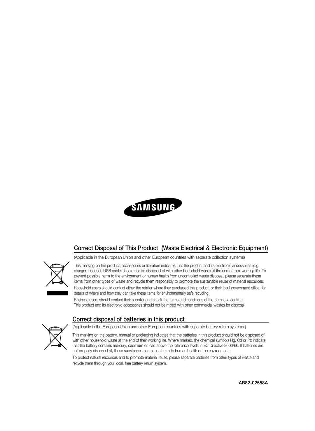 Samsung SSA-R1000/EXP manual Correct disposal of batteries in this product 