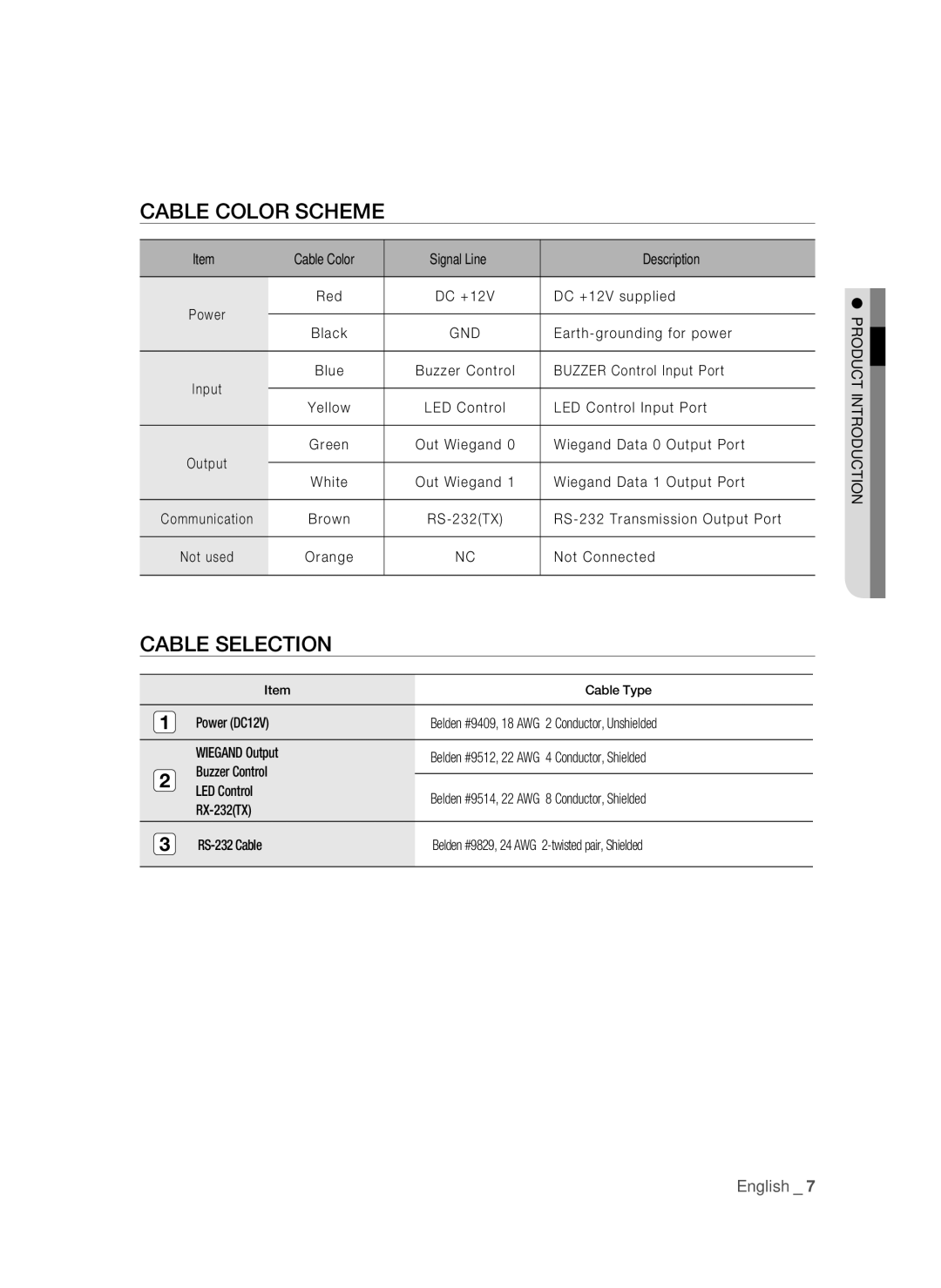 Samsung SSA-R1000/EXP manual Cable Color Scheme, Cable Selection 