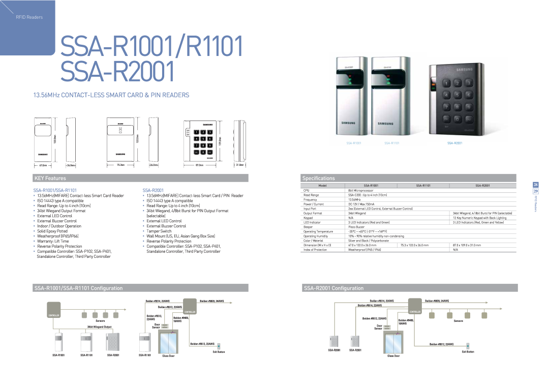 Samsung specifications SSA-R1001/R1101 SSA-R2001, 13.56MHz CONTACT-LESSSMART CARD & PIN READERS, KEY Features 