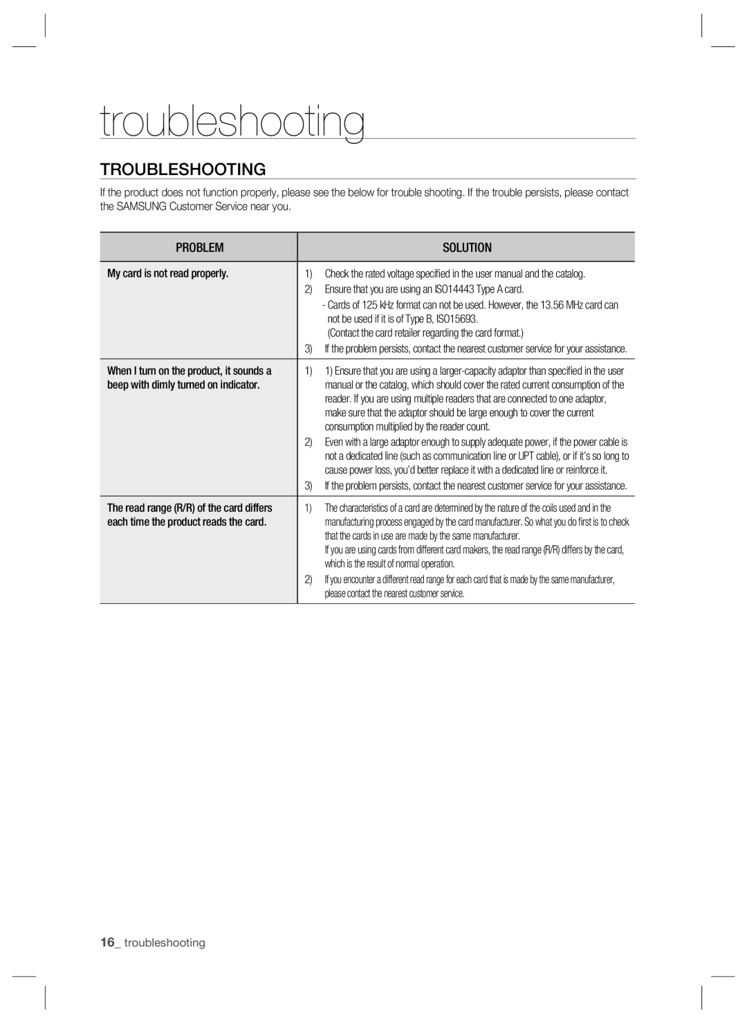 Samsung SSA-R2001 user manual Troubleshooting 