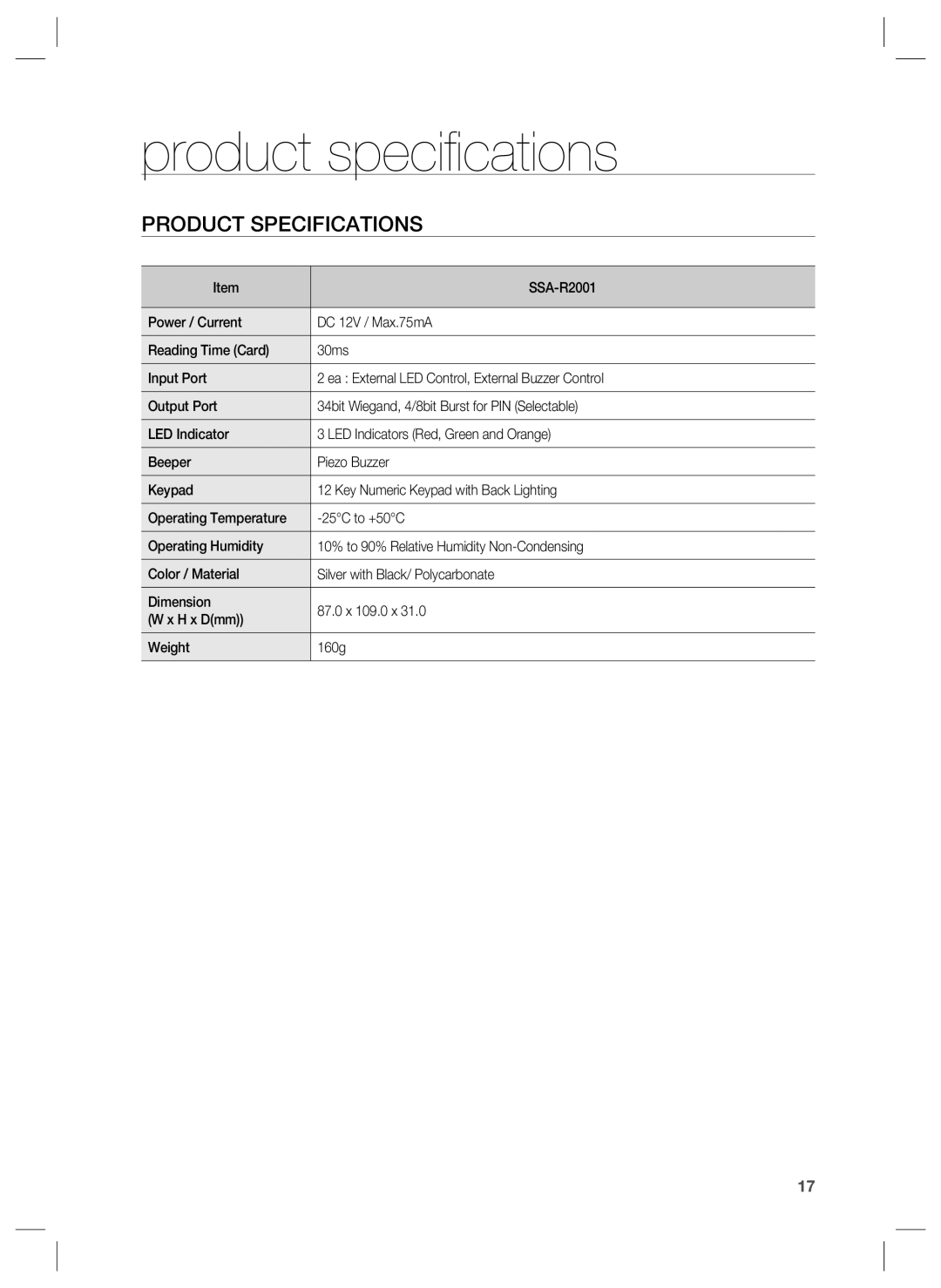 Samsung SSA-R2001 user manual Product speciﬁcations, Product Specifications 