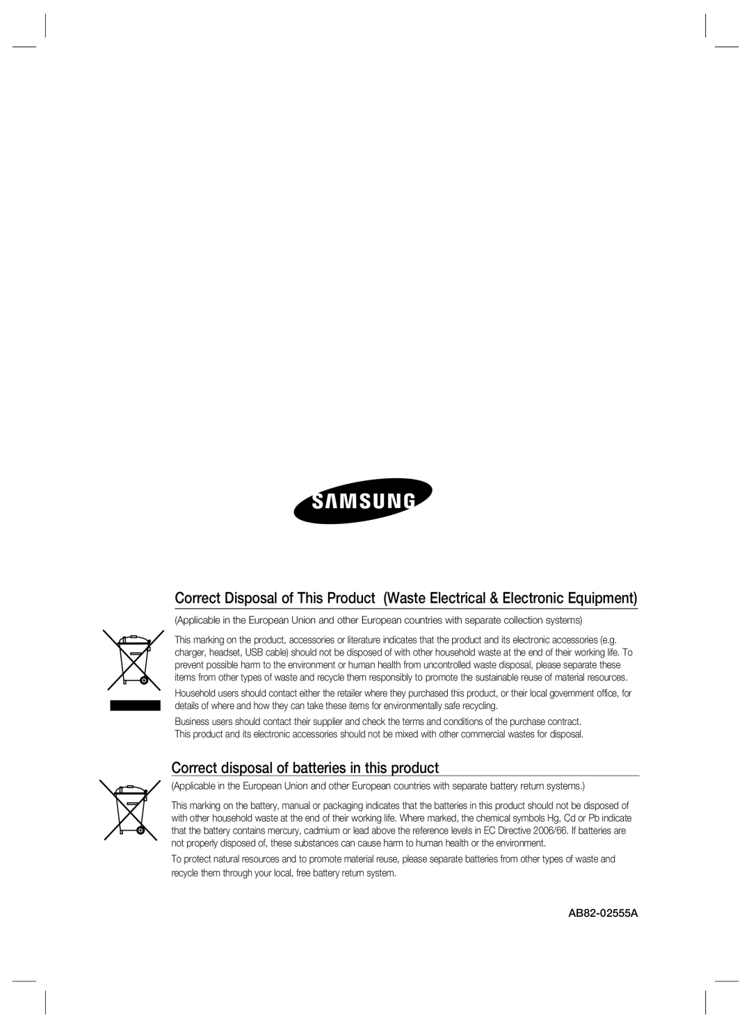 Samsung SSA-R2001 user manual Correct disposal of batteries in this product 