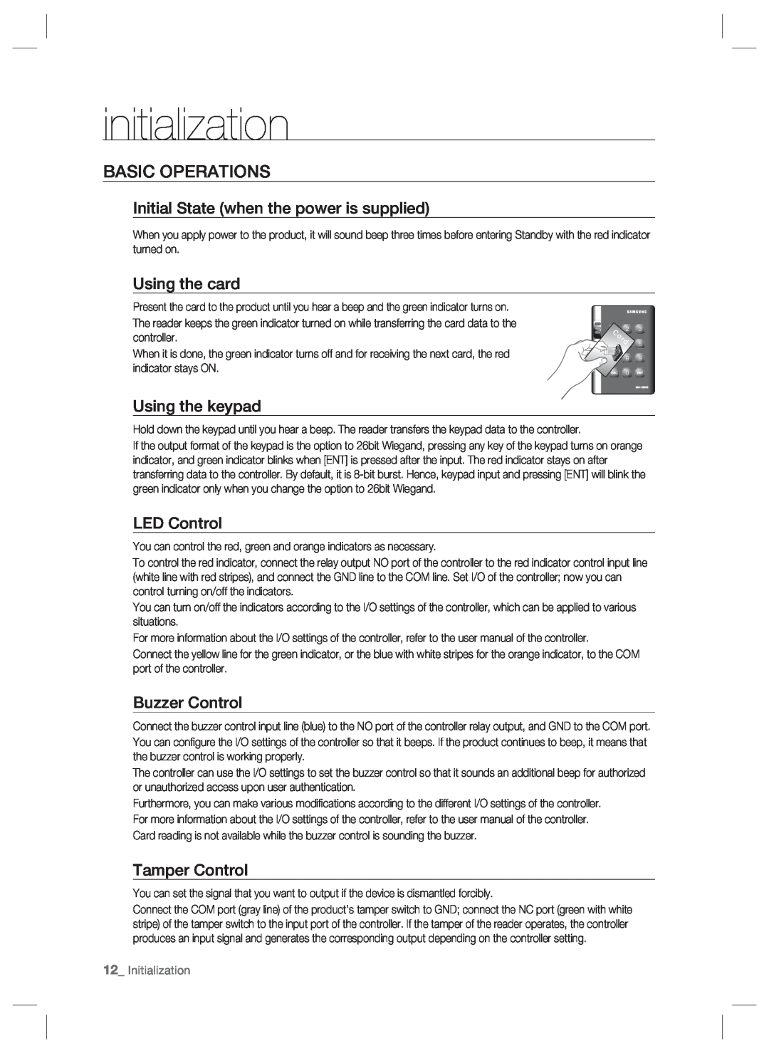 Samsung SSA-R2001 user manual Basic Operations, Initial State when the power is supplied, Using the card, Using the keypad 