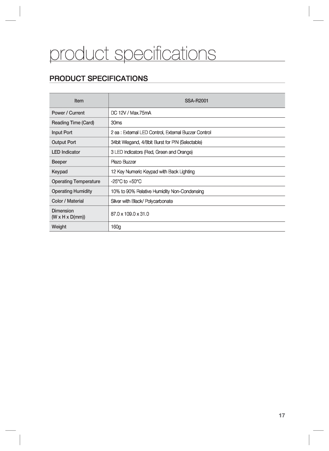 Samsung SSA-R2001 user manual product speciﬁcations, Product Specifications 