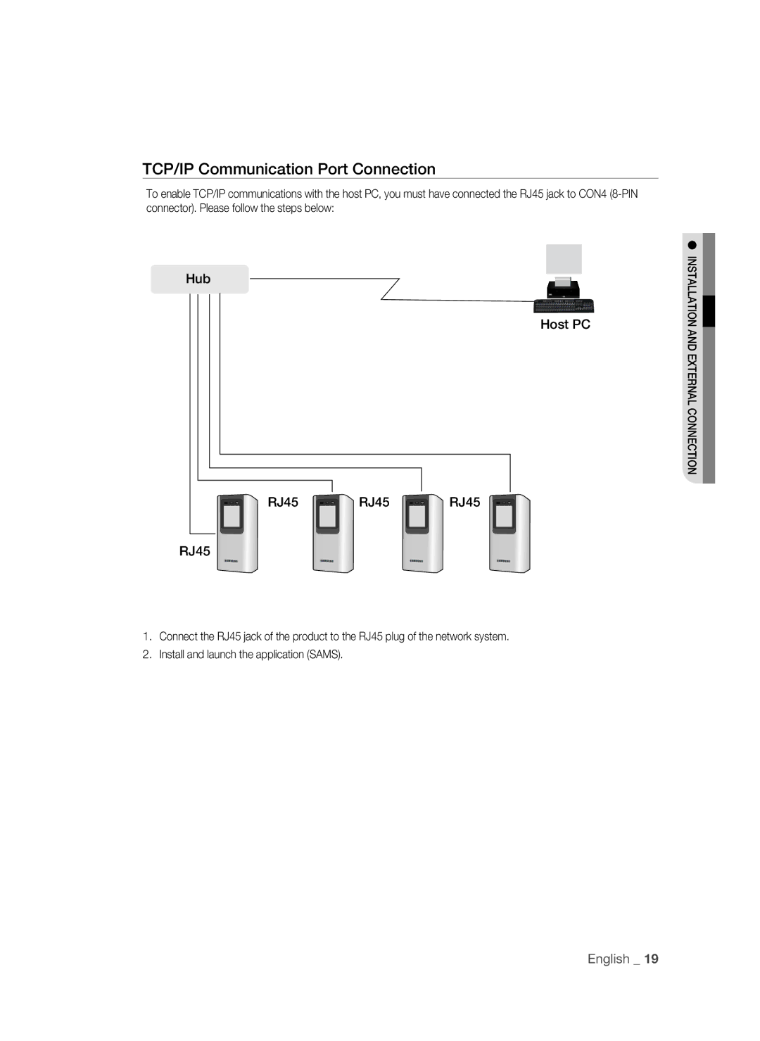 Samsung SSA-R2010/EXP manual TCP/IP Communication Port Connection, Hub Host PC RJ45 RJ45 RJ45 