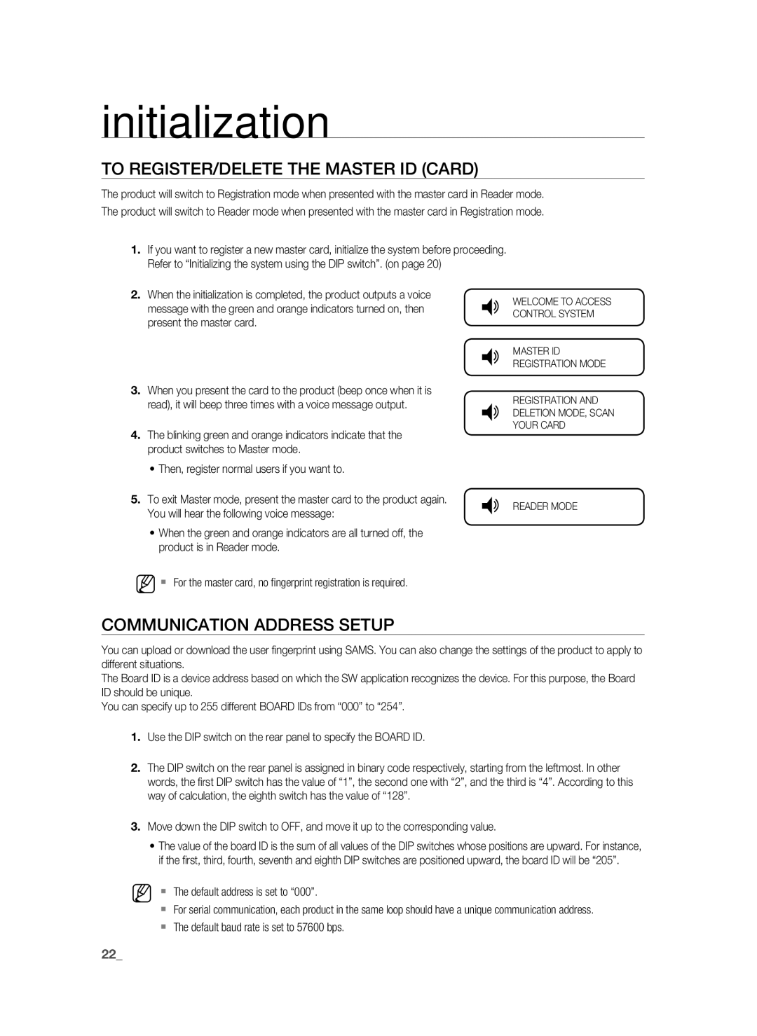 Samsung SSA-R2010/EXP manual To REGISTER/DELETE the Master ID Card, Communication Address Setup 