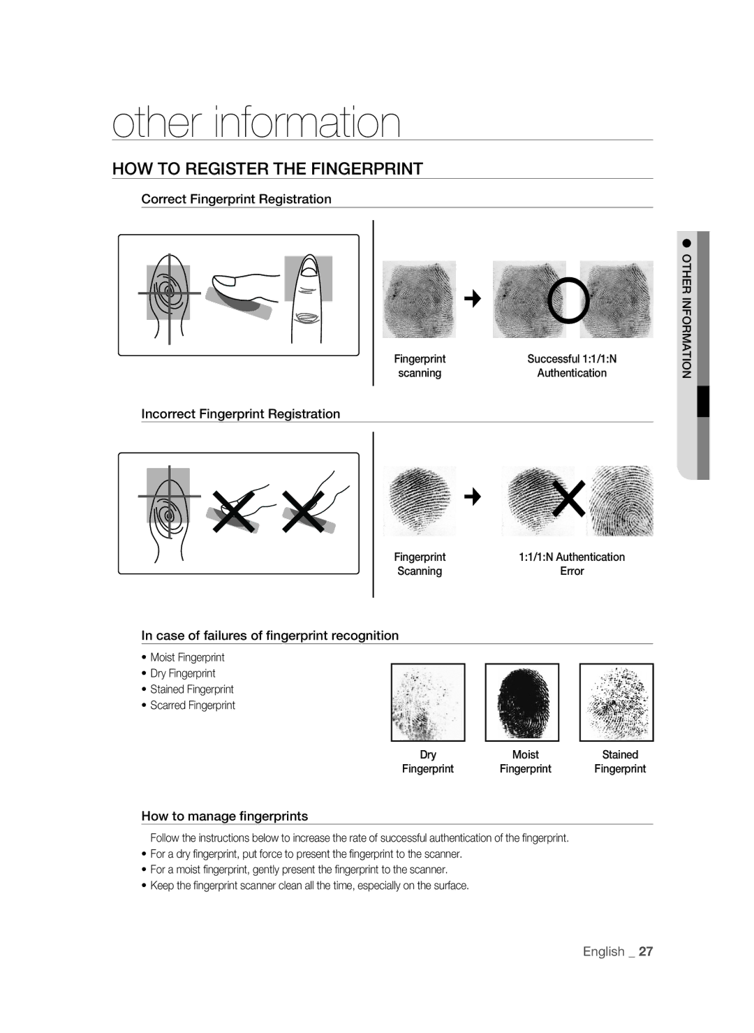 Samsung SSA-R2010/EXP manual Other information, HOW to Register the Fingerprint 