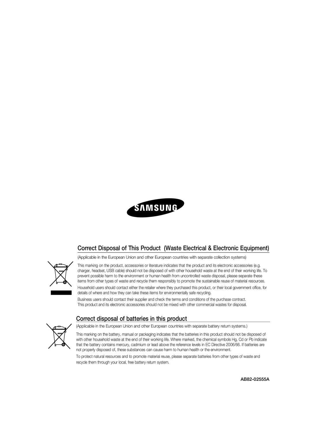 Samsung SSA-R2010/EXP manual Correct disposal of batteries in this product 