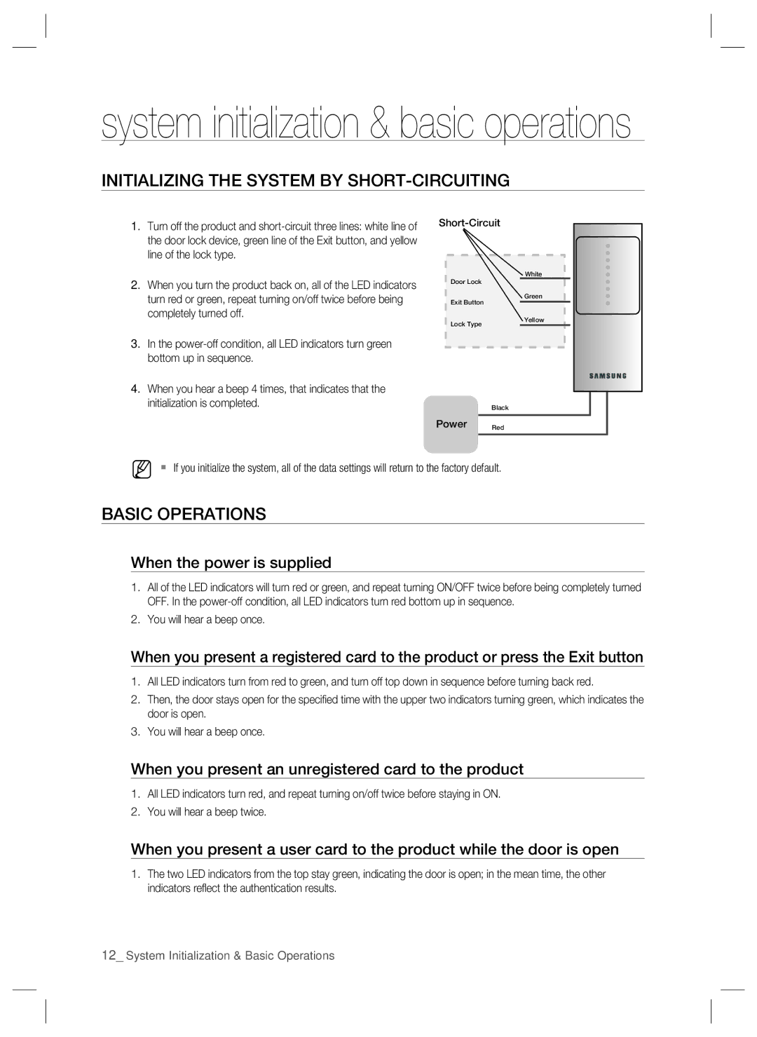 Samsung SSA-S1000 user manual Initializing the System by SHORT-CIRCUITING, Basic Operations, When the power is supplied 