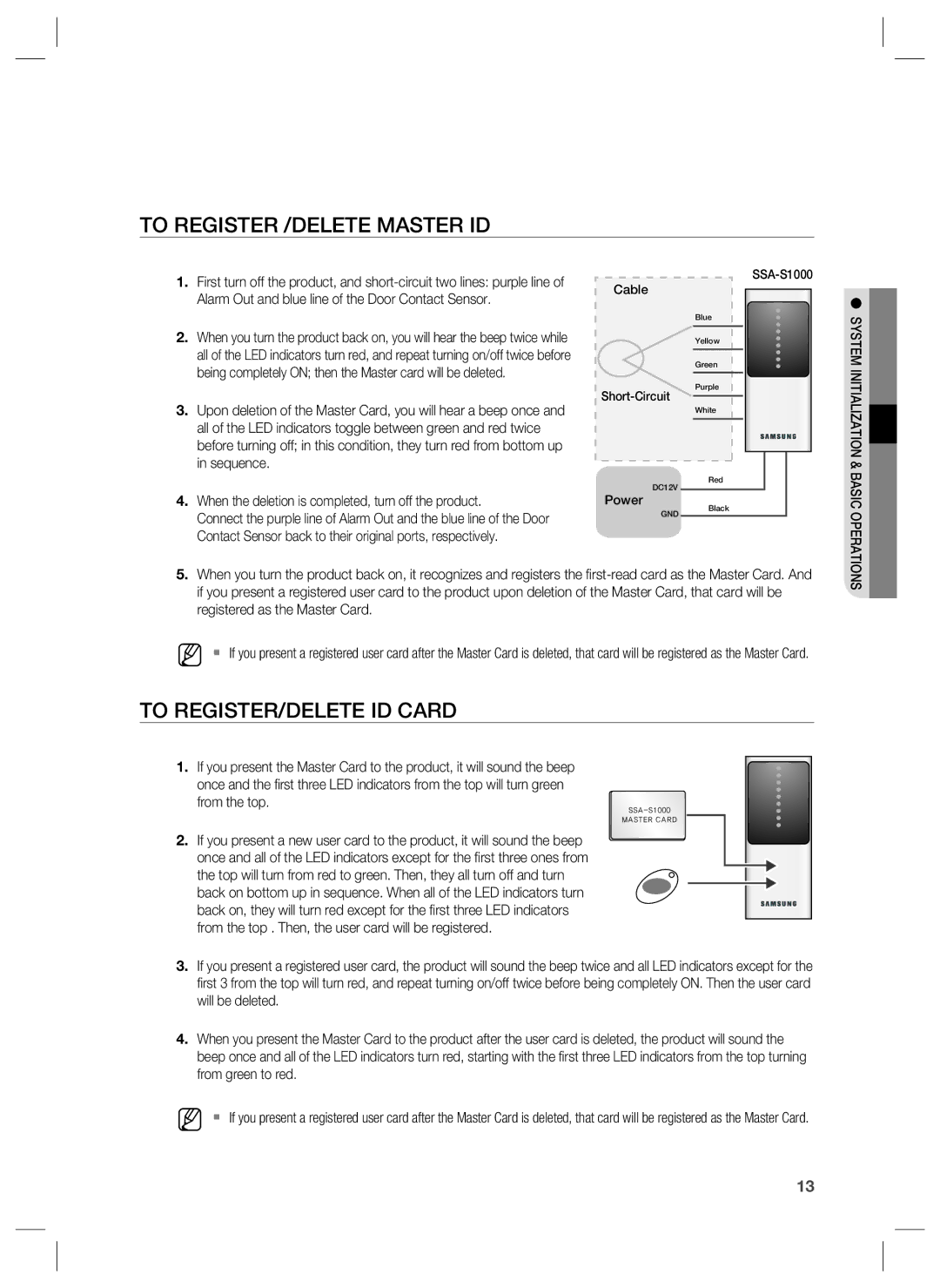 Samsung SSA-S1000 user manual To Register /DELETE Master ID, To REGISTER/DELETE ID Card 