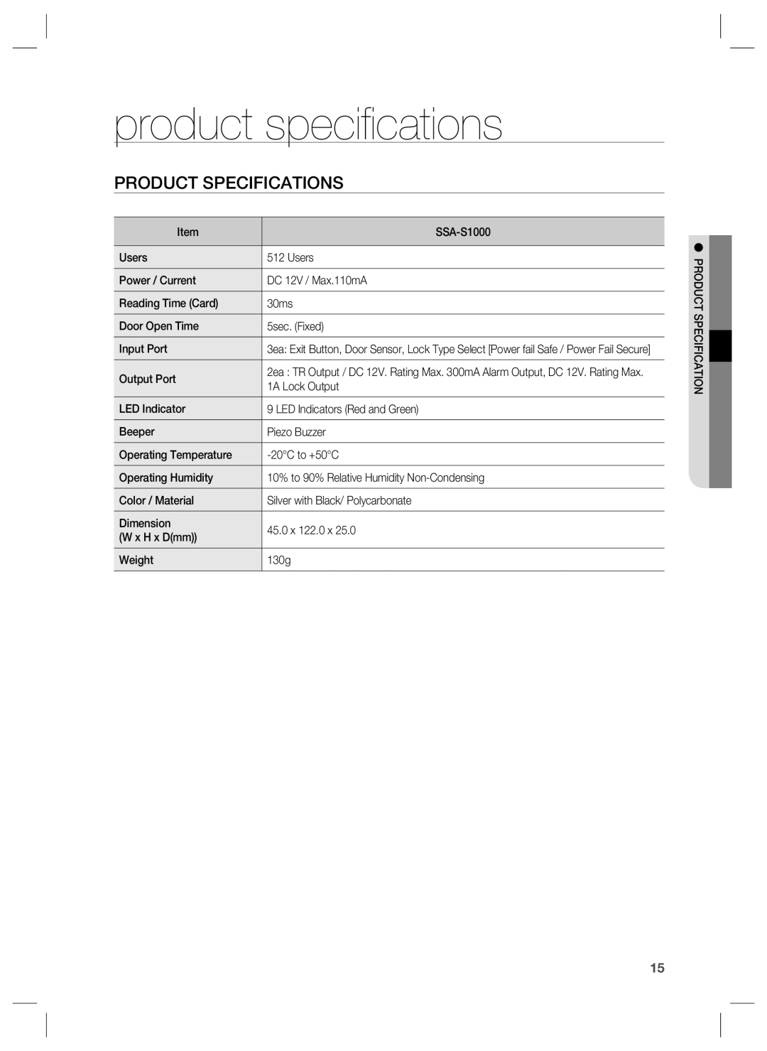 Samsung SSA-S1000 user manual Product speciﬁcations, Product Specifications, Output Port, 1A Lock Output 