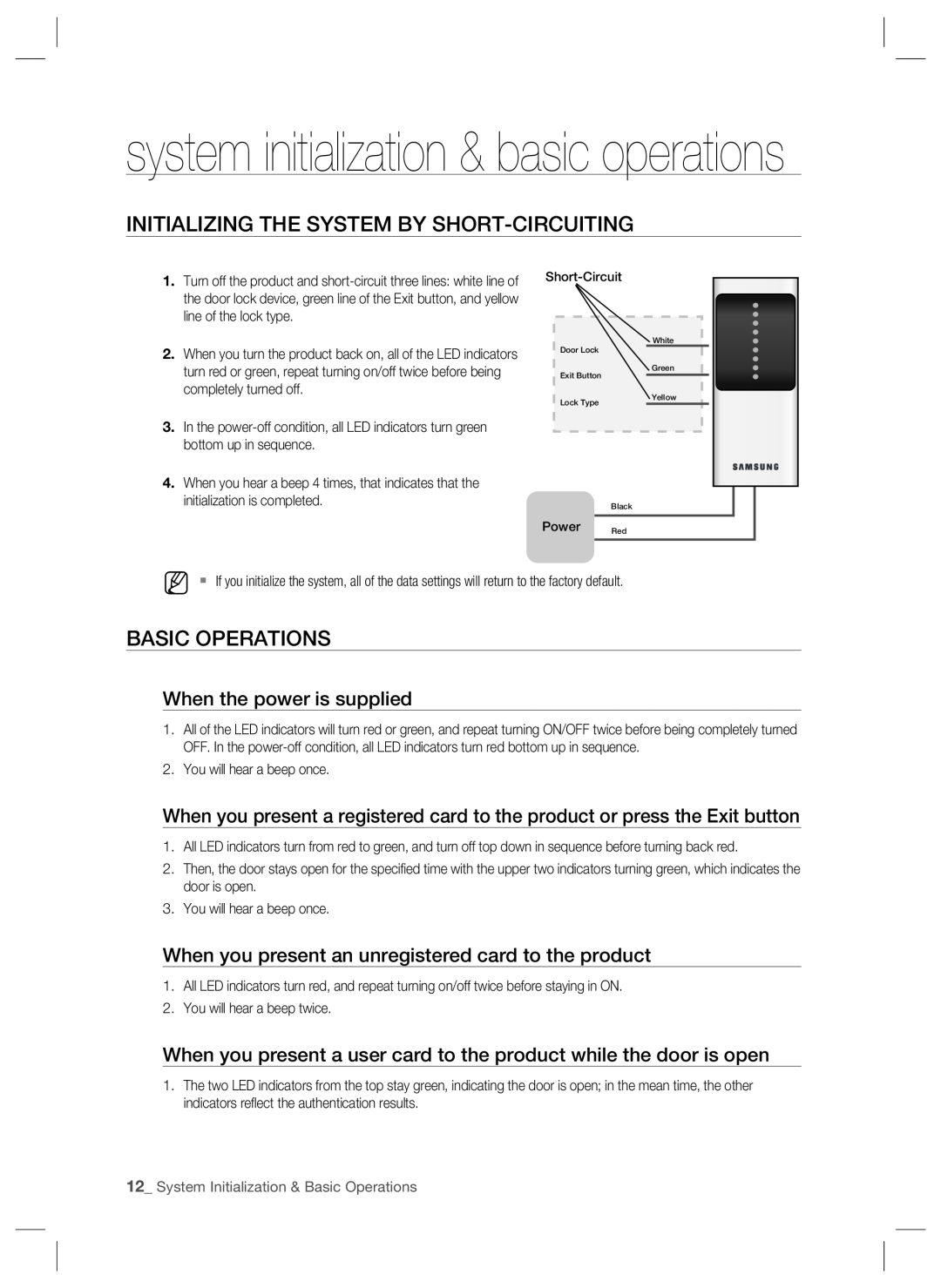 Samsung SSA-S1000 Initializing The System By Short-Circuiting, Basic Operations, system initialization & basic operations 