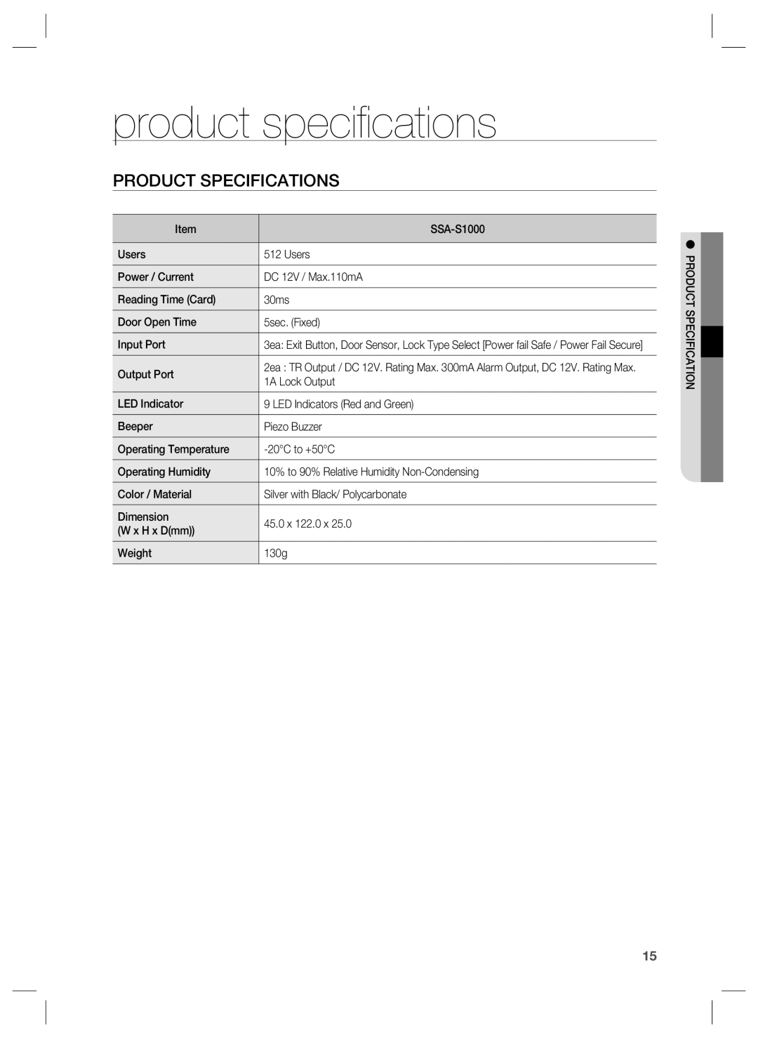 Samsung SSA-S1000 user manual product speciﬁcations, Product Specifications 