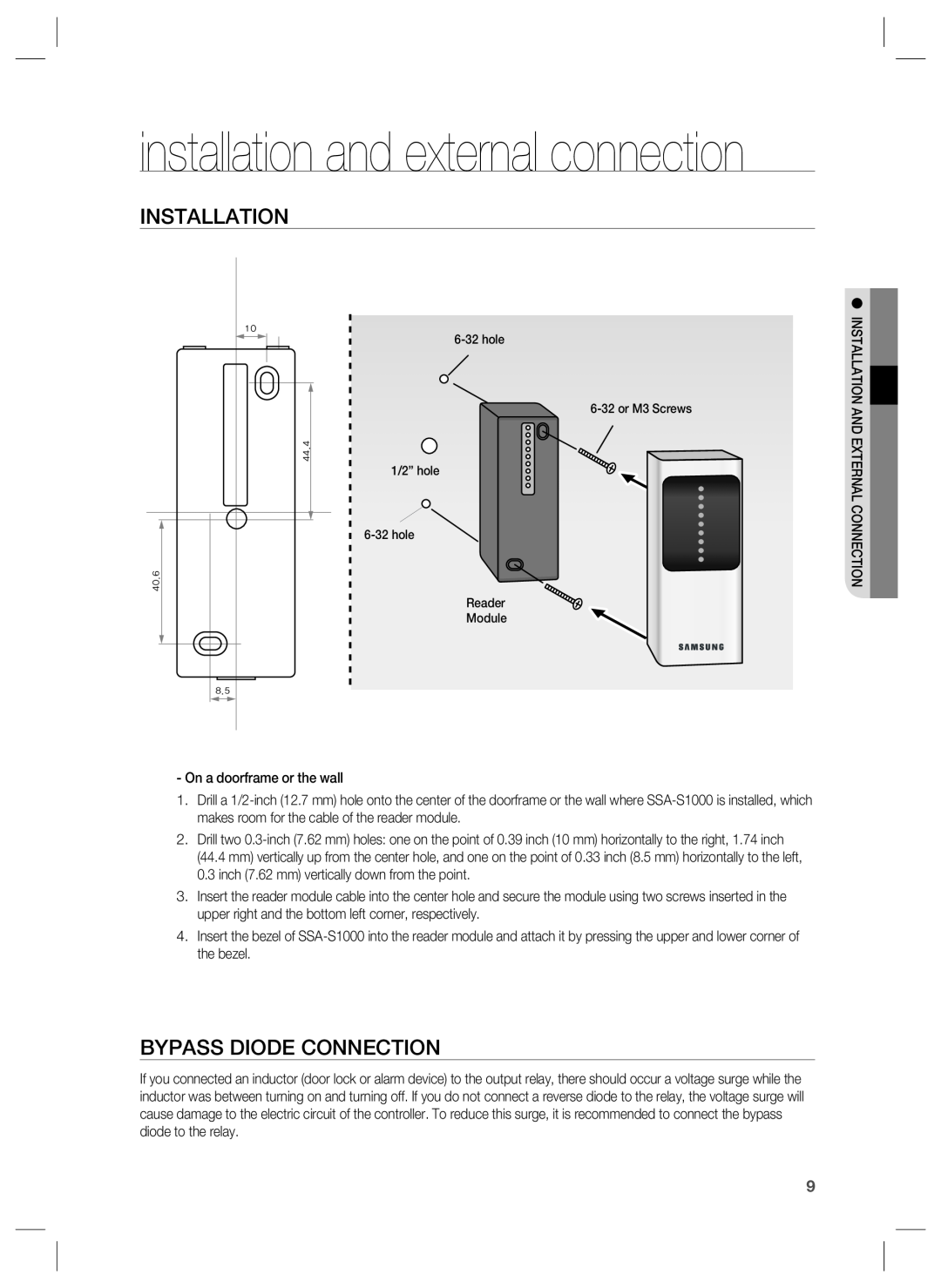 Samsung SSA-S1000 user manual installation and external connection, Installation, Bypass Diode Connection 