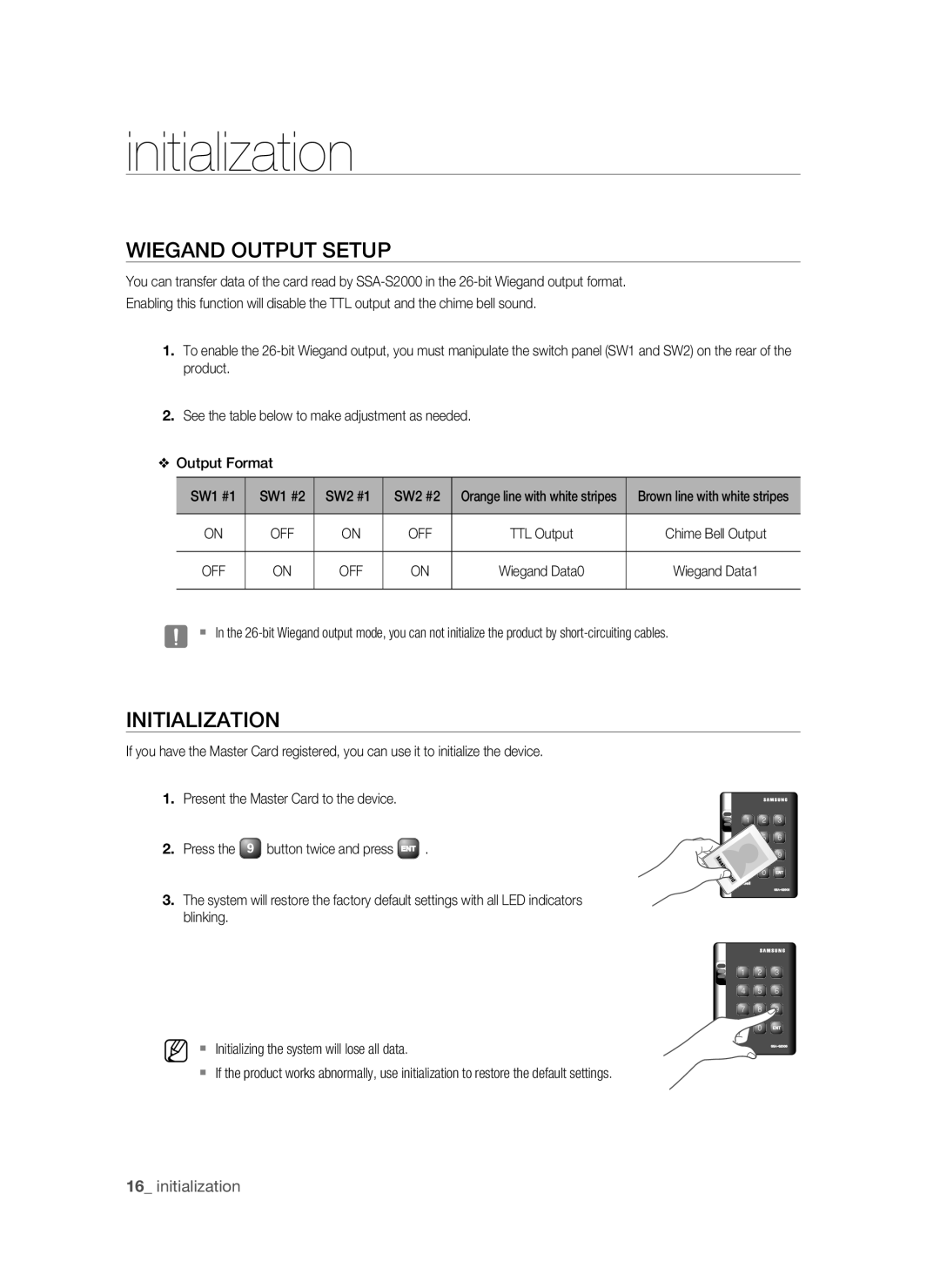 Samsung SSA-S2000/EXP Wiegand Output Setup, Initialization, Brown line with white stripes, TTL Output Chime Bell Output 