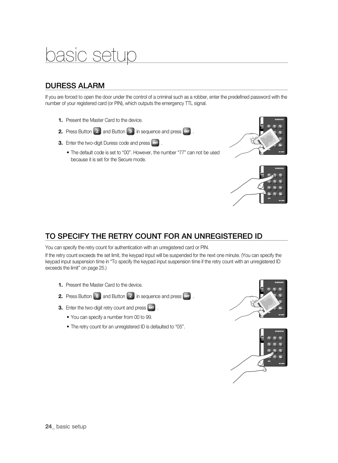 Samsung SSA-S2000/EXP manual Basic setup, Duress Alarm, To Specify the Retry Count for AN Unregistered ID 