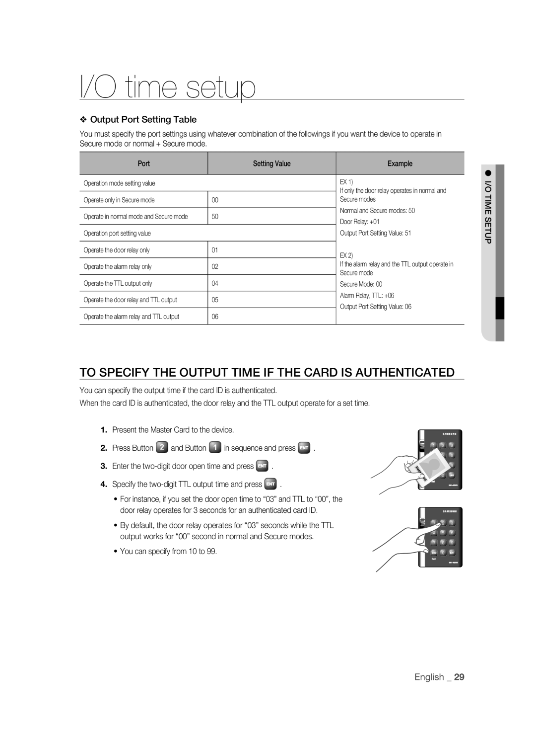 Samsung SSA-S2000/EXP Time setup, To Specify the Output Time if the Card is Authenticated, You can specify from 10 to 