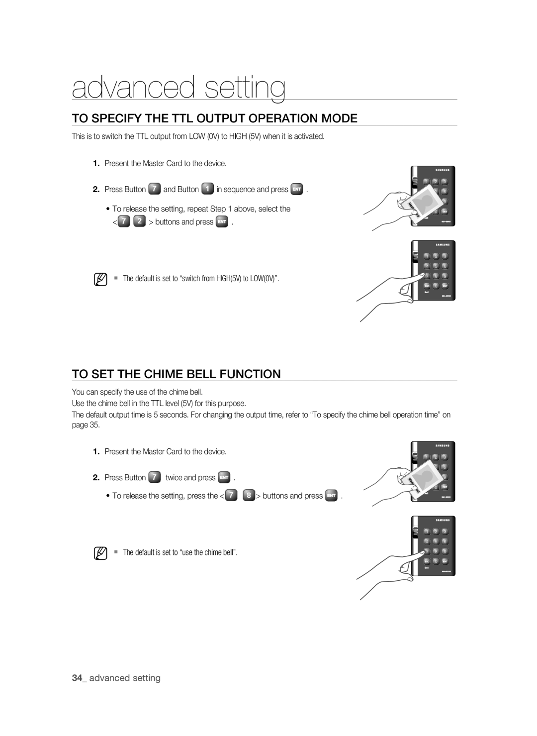 Samsung SSA-S2000/EXP manual Advanced setting, To Specify the TTL Output Operation Mode, To SET the Chime Bell Function 