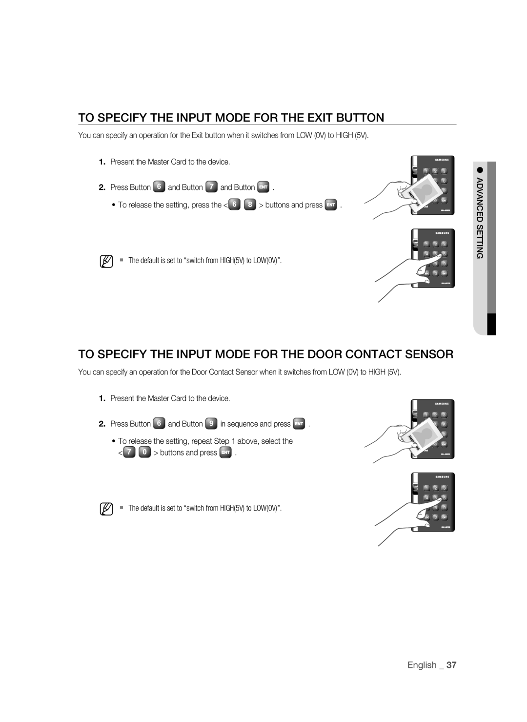 Samsung SSA-S2000/EXP To Specify the Input Mode for the Exit Button, To Specify the Input Mode for the Door Contact Sensor 