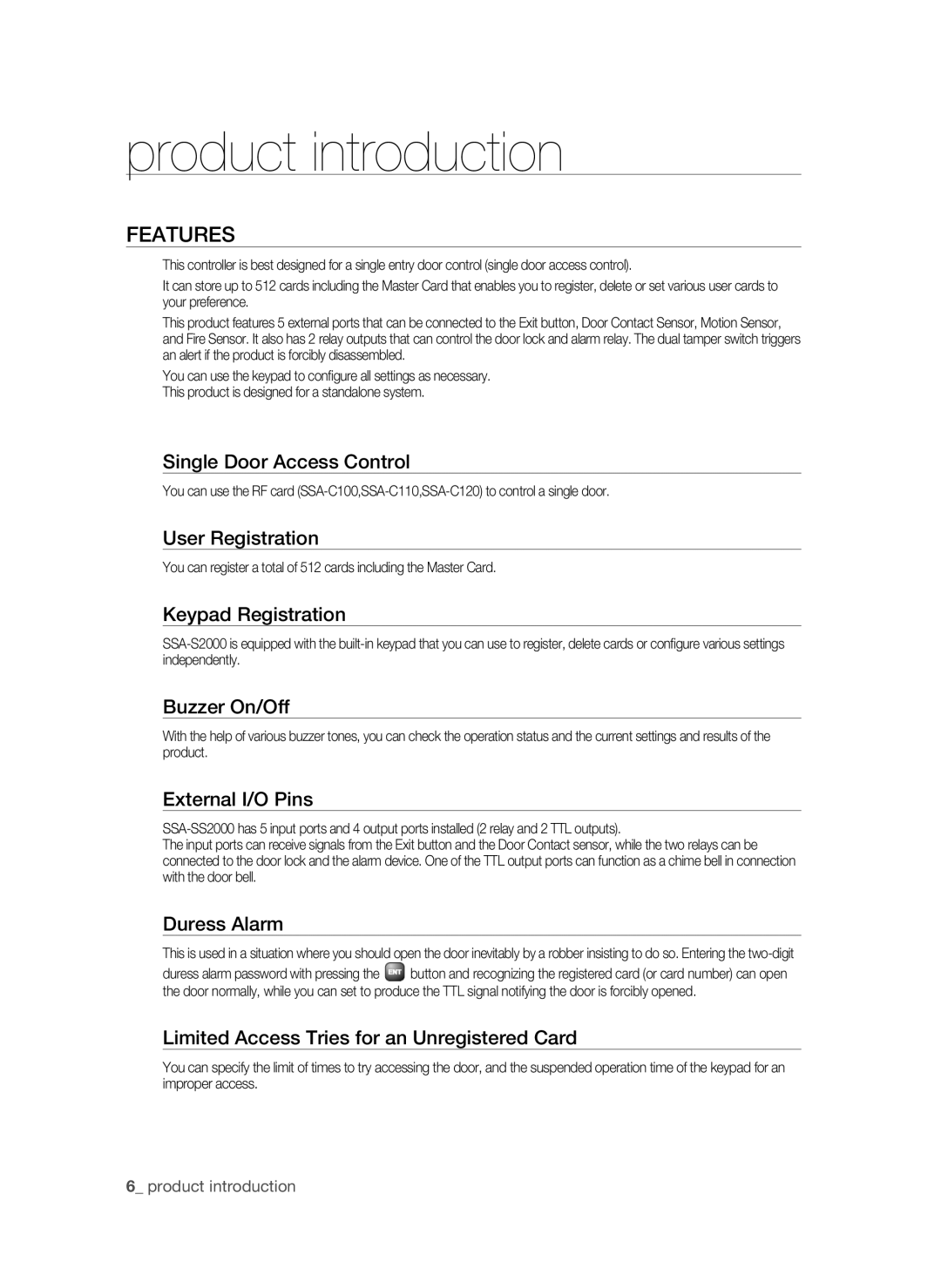 Samsung SSA-S2000/EXP manual Product introduction, Features 