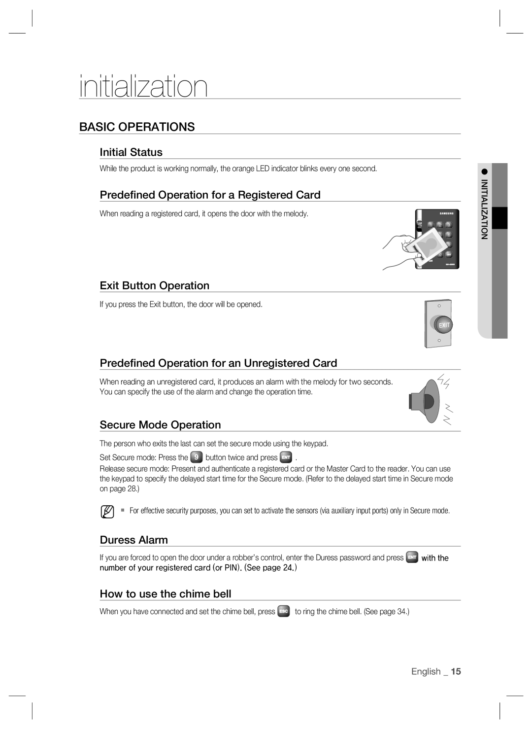 Samsung SSA-S2000W user manual Initialization, Basic Operations, If you press the Exit button, the door will be opened 