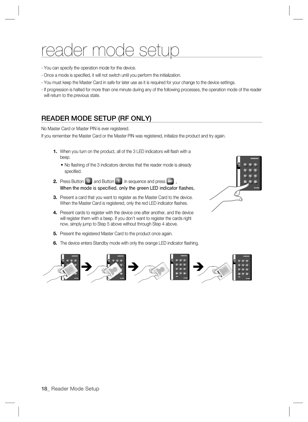 Samsung SSA-S2000W Reader mode setup, Reader Mode Setup RF only, No Master Card or Master PIN is ever registered 