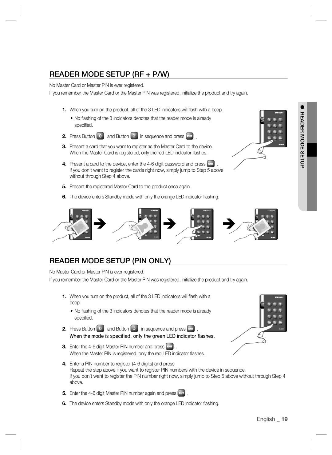 Samsung SSA-S2000W user manual Reader Mode Setup RF + P/W, Reader Mode Setup PIN only 