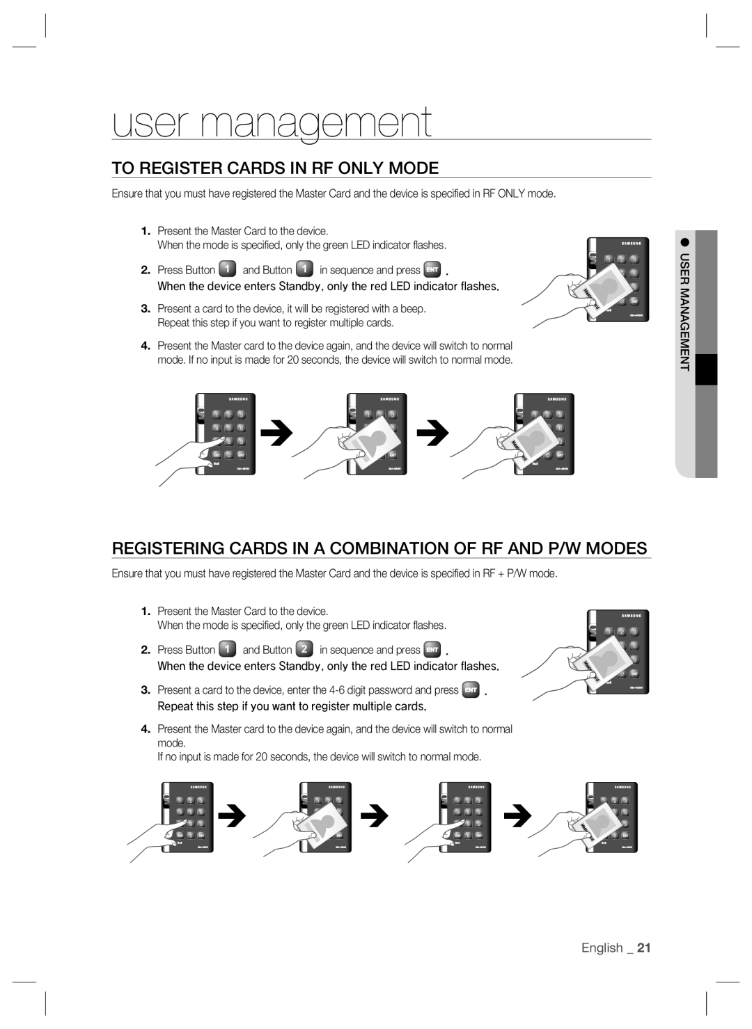 Samsung SSA-S2000W user manual User management, To Register Cards in RF only Mode 