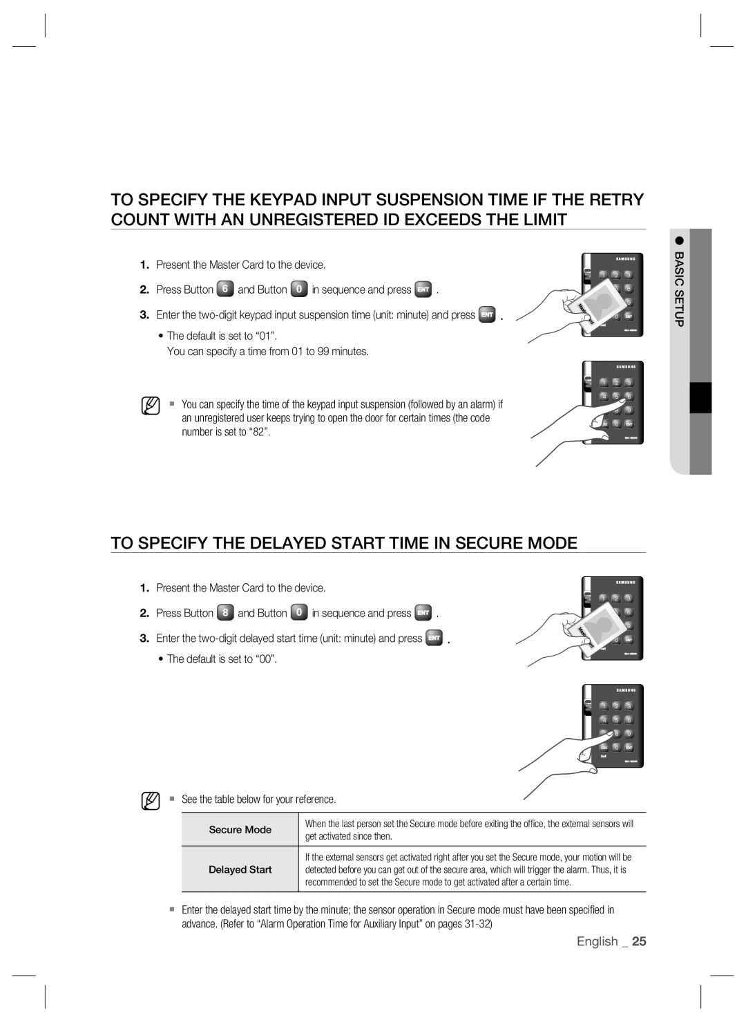 Samsung SSA-S2000W To Specify the Delayed Start Time in Secure Mode,  See the table below for your reference 