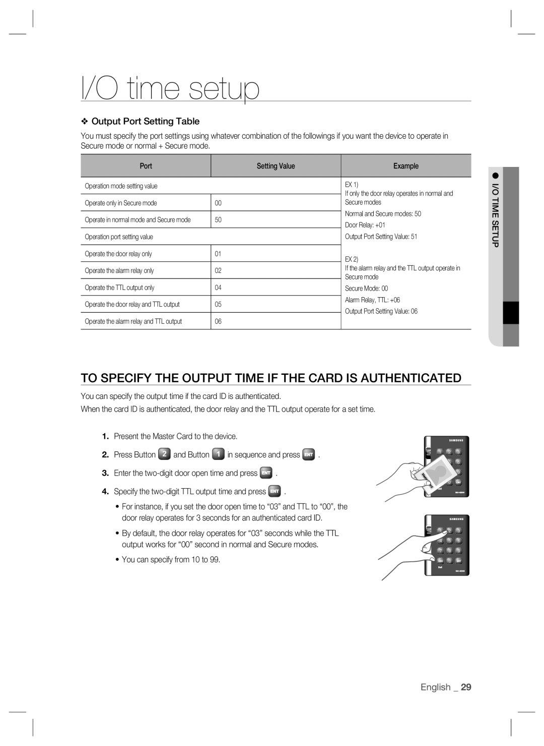 Samsung SSA-S2000 Time setup, To Specify the Output Time if the Card is Authenticated, You can specify from 10 to 