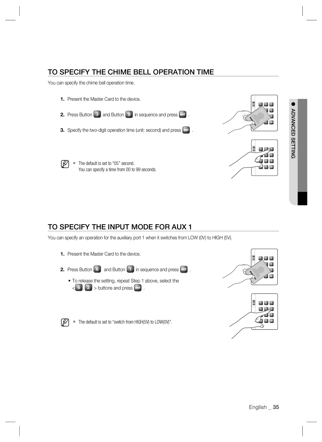 Samsung SSA-S2000W user manual To Specify the Chime Bell Operation Time, To Specify the Input Mode for AUX 