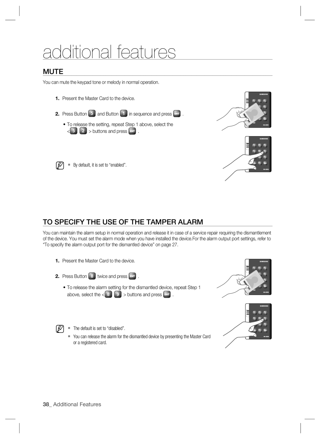 Samsung SSA-S2000W user manual Additional features, Mute, To Specify the USE of the Tamper Alarm 