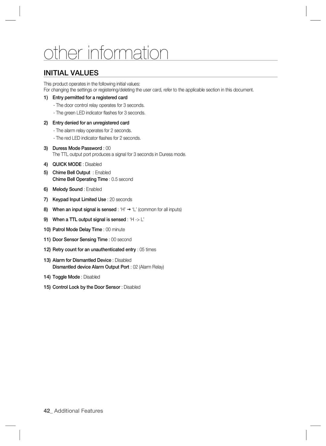 Samsung SSA-S2000W user manual Other information, Initial Values 