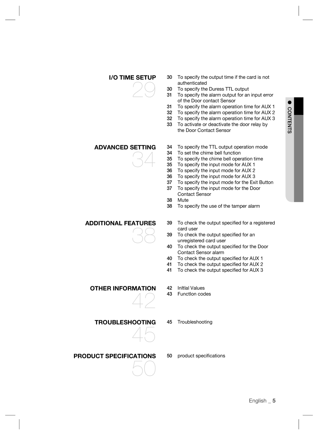 Samsung SSA-S2000 To specify the Duress TTL output, Door contact Sensor, To set the chime bell function, Mute, Card user 