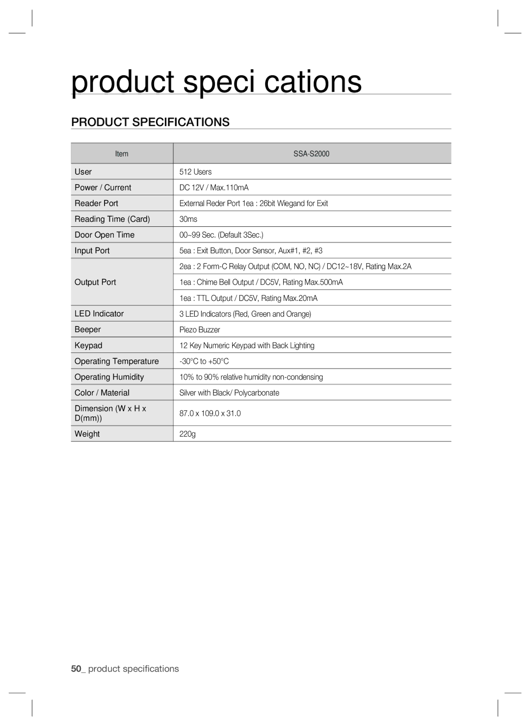 Samsung SSA-S2000W user manual Product speciﬁcations, Product Specifications 