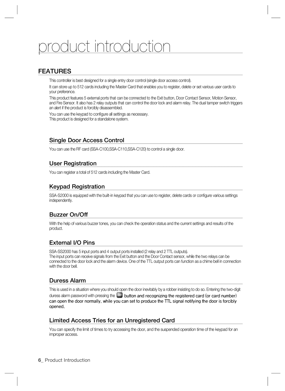 Samsung SSA-S2000W user manual Product introduction, Features 