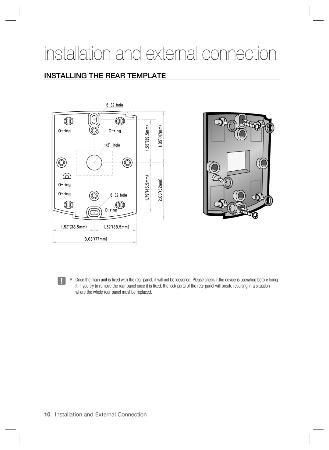 Samsung SSA-S2000W user manual 10_ Installation and External Connection, 6-32hole, O-ring, 1/2” hole, 3.0377mm 