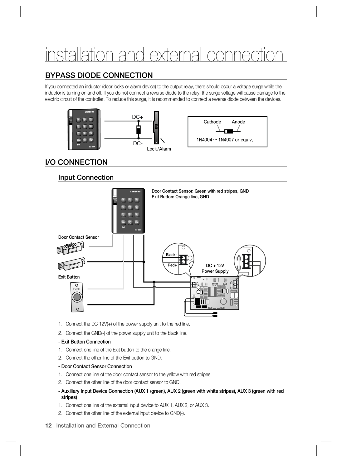 Samsung SSA-S2000W installation and external connection, Bypass Diode Connection, I/O Connection, Input Connection 