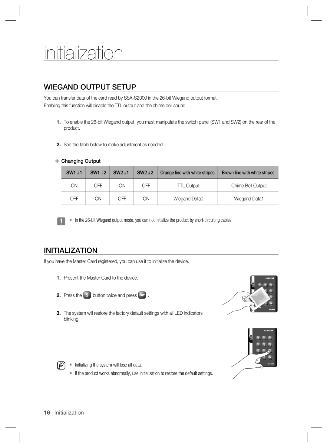 Samsung SSA-S2000W user manual Wiegand Output Setup, 16_ Initialization, initialization 