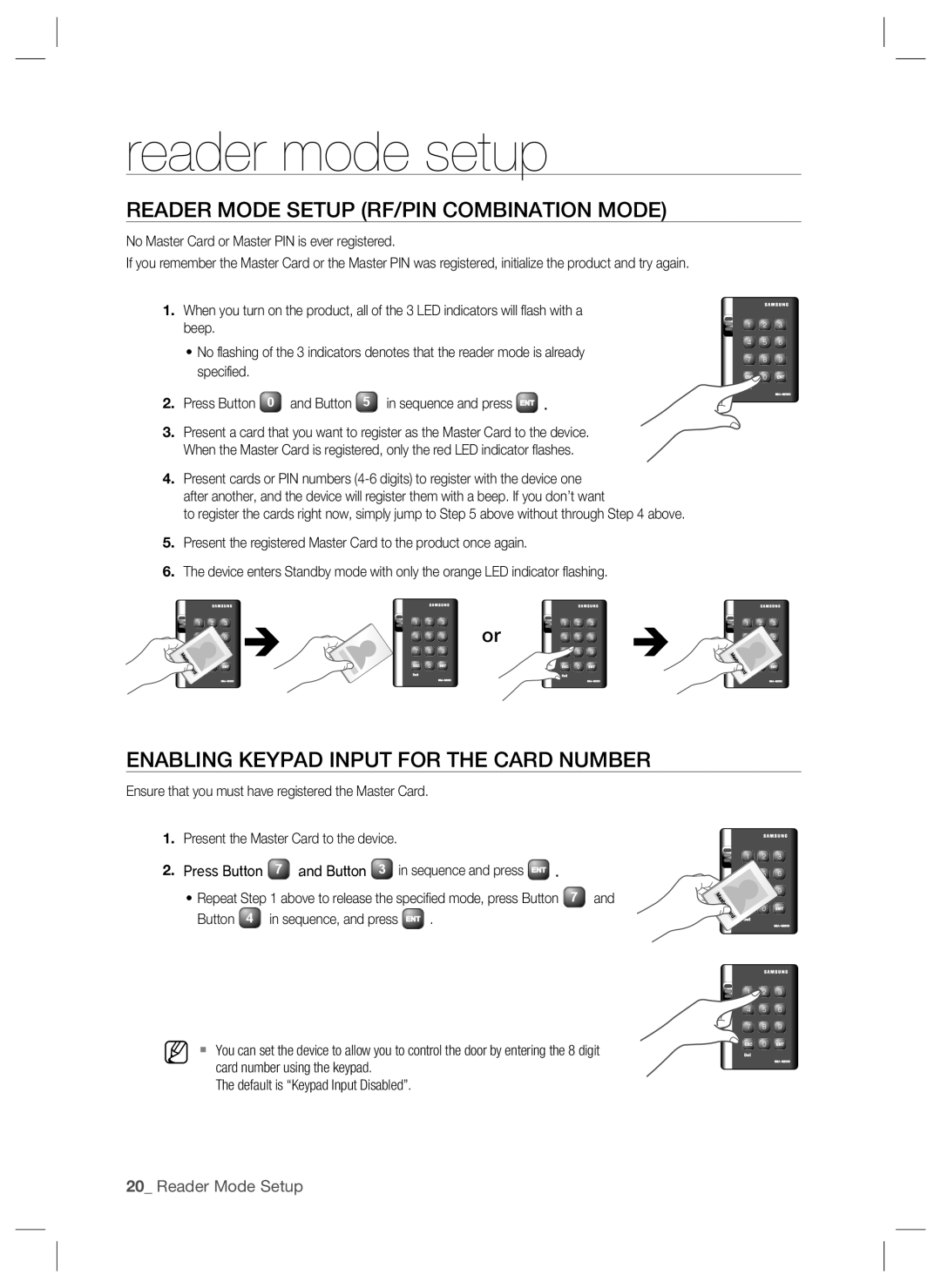 Samsung SSA-S2000W Reader Mode Setup Rf/Pin Combination Mode, Enabling Keypad Input For The Card Number, reader mode setup 