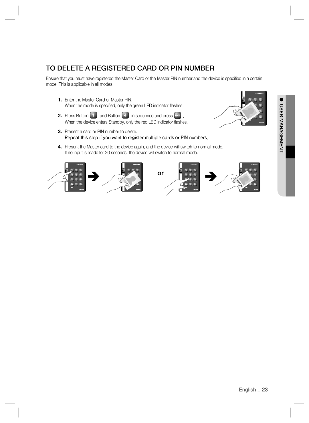Samsung SSA-S2000W user manual To Delete A Registered Card Or Pin Number, English _ 