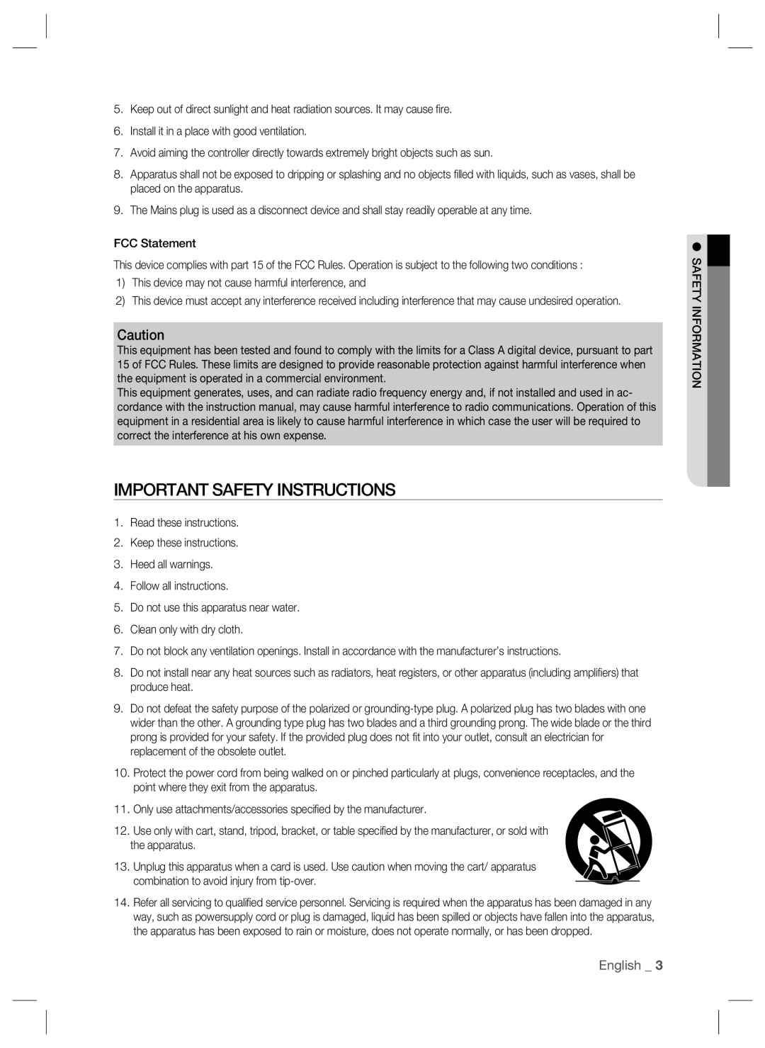 Samsung SSA-S2000W user manual Important Safety Instructions, English _ 