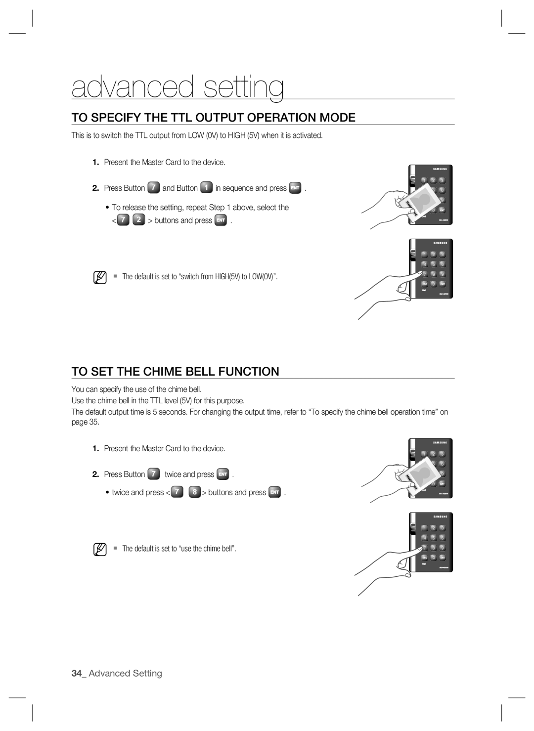 Samsung SSA-S2000W user manual advanced setting, To Specify The Ttl Output Operation Mode, To Set The Chime Bell Function 