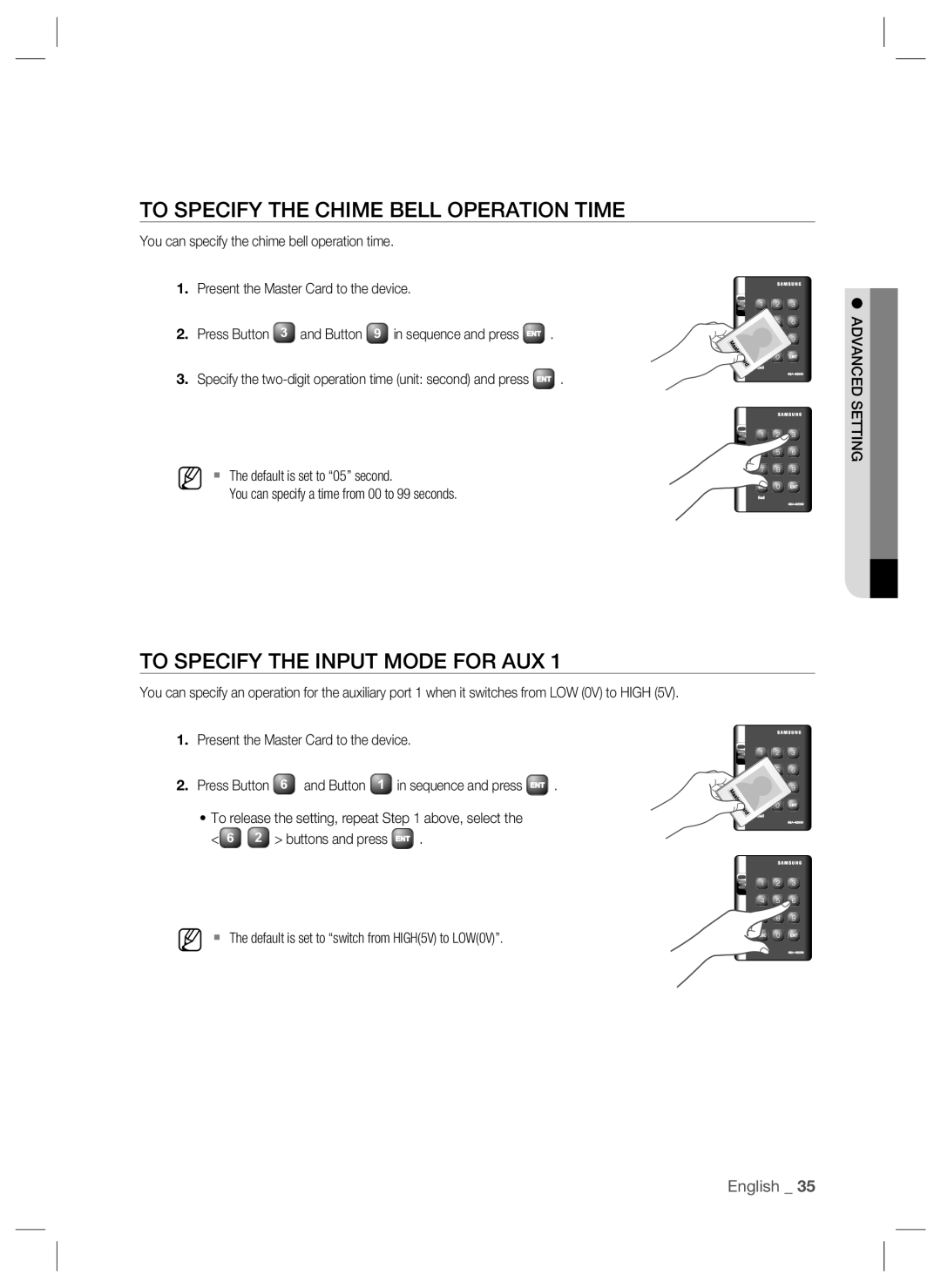 Samsung SSA-S2000W user manual To Specify The Chime Bell Operation Time, To Specify The Input Mode For Aux, English _ 