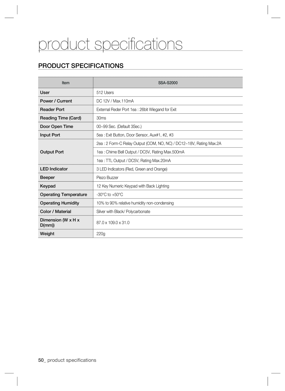 Samsung SSA-S2000W user manual Product Specifications, 50_ product speciﬁcations 