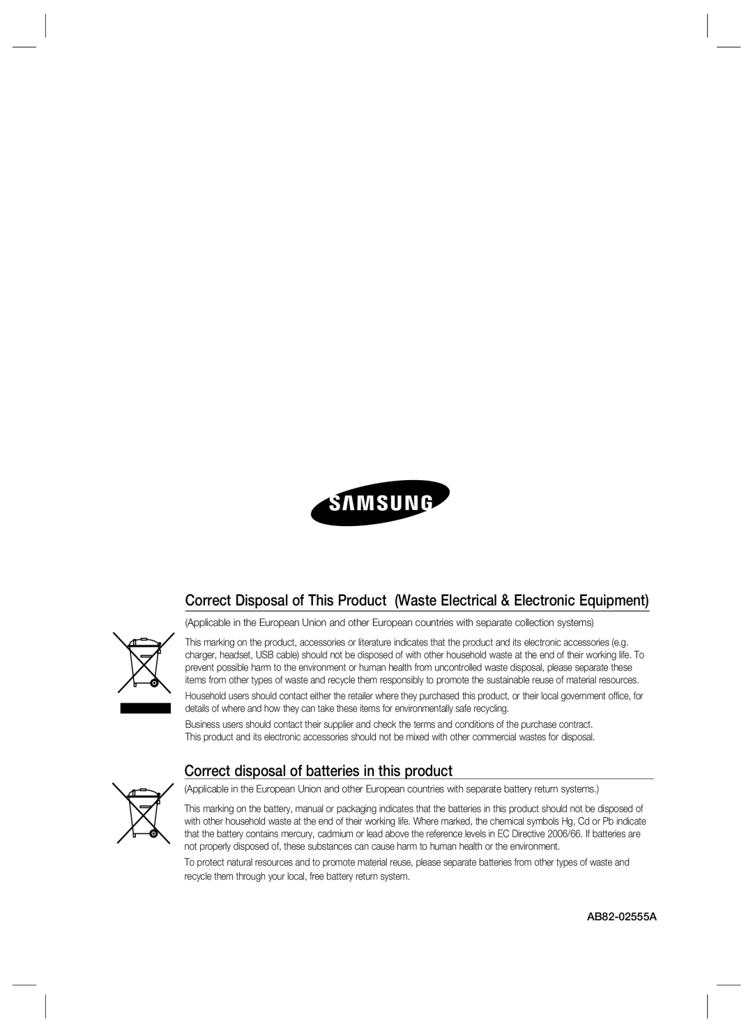 Samsung SSA-S2000W user manual Correct disposal of batteries in this product 