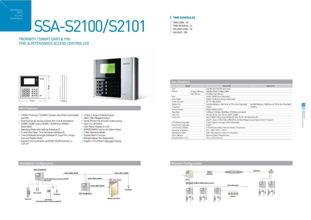 Samsung SSA-S2101 specifications SSA-S2100/S2101, Proximity / Smart Card & Pin, Time & Attendance Access Controller 