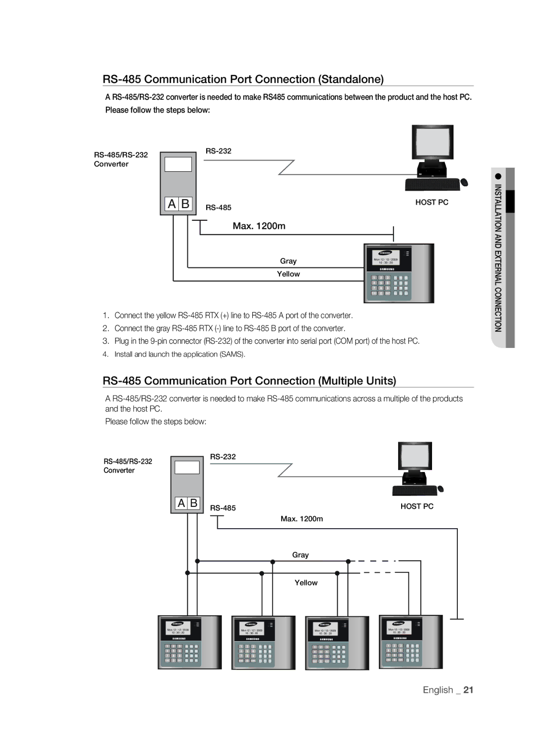 Samsung SSA-S2100/EXP RS-485 Communication Port Connection Standalone, RS-485 Communication Port Connection Multiple Units 