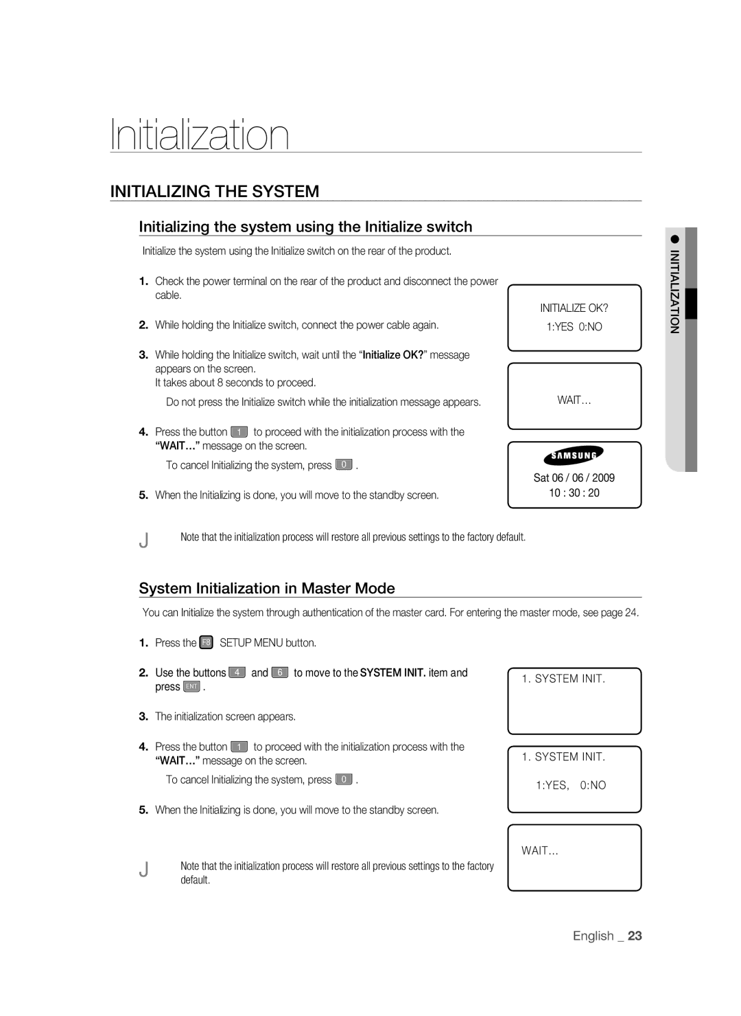 Samsung SSA-S2100/EXP manual Initialization, Initializing the System, Initializing the system using the Initialize switch 