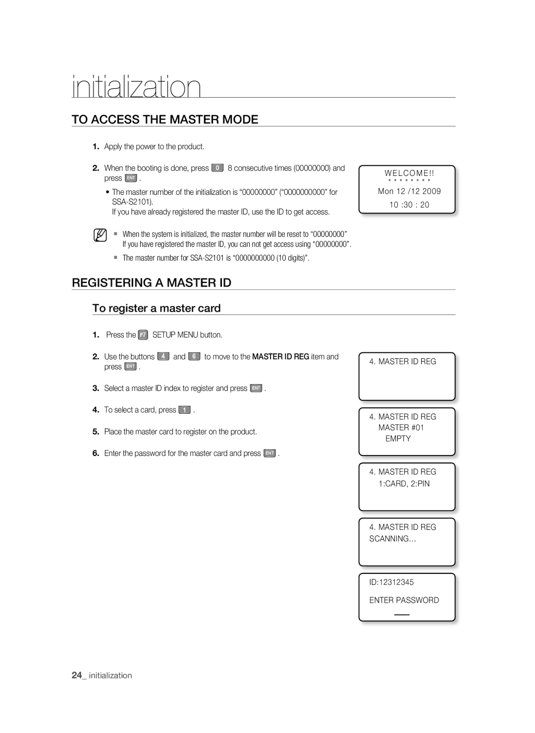 Samsung SSA-S2100/EXP manual To Access the Master Mode, Registering a Master ID, To register a master card 